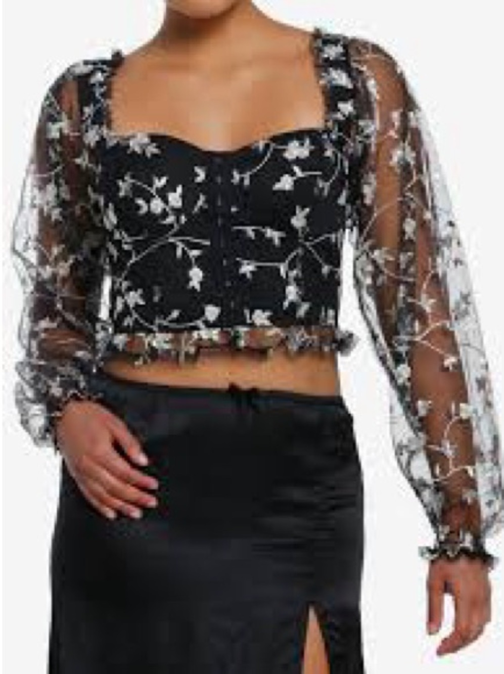 Hot Topic Black Sheer Floral Embroidered Puff-Sleeve Crop Top